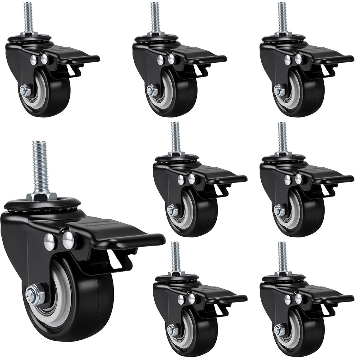 Set van 8 Zwenkwielen met Rem M8 x 25 mm, 50 mm Geruisloos en Streepvrij voor Zware Meubels en Apparaten, Ideaal voor Vloerbescherming en Mobiliteit