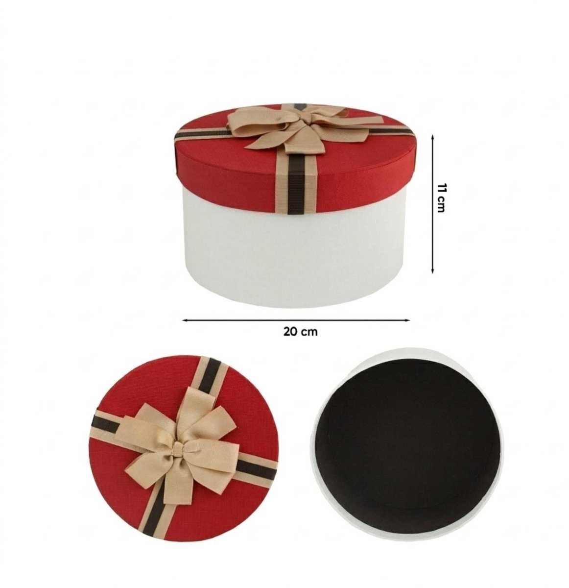SnelShoppen - Ronde geschenkdoos 20 x 11 cm, witte doos met rood deksel en gestreept bruin lint voor feest, verjaardag, cadeau, decoratie