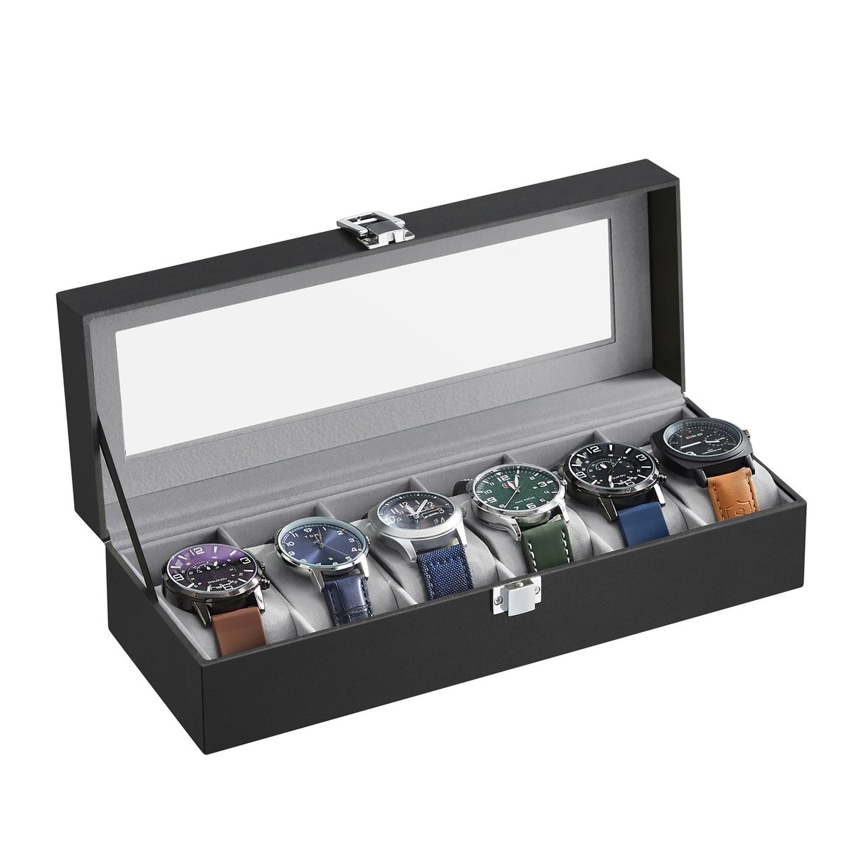 Noventra - Horloge doos - Horloge Opbergdoos voor 6 Horloges - Luxe Horlogekist met Glazen Deksel - Zachte Fluwelen Voering - PU Leren Horloge Organizer - Zwart