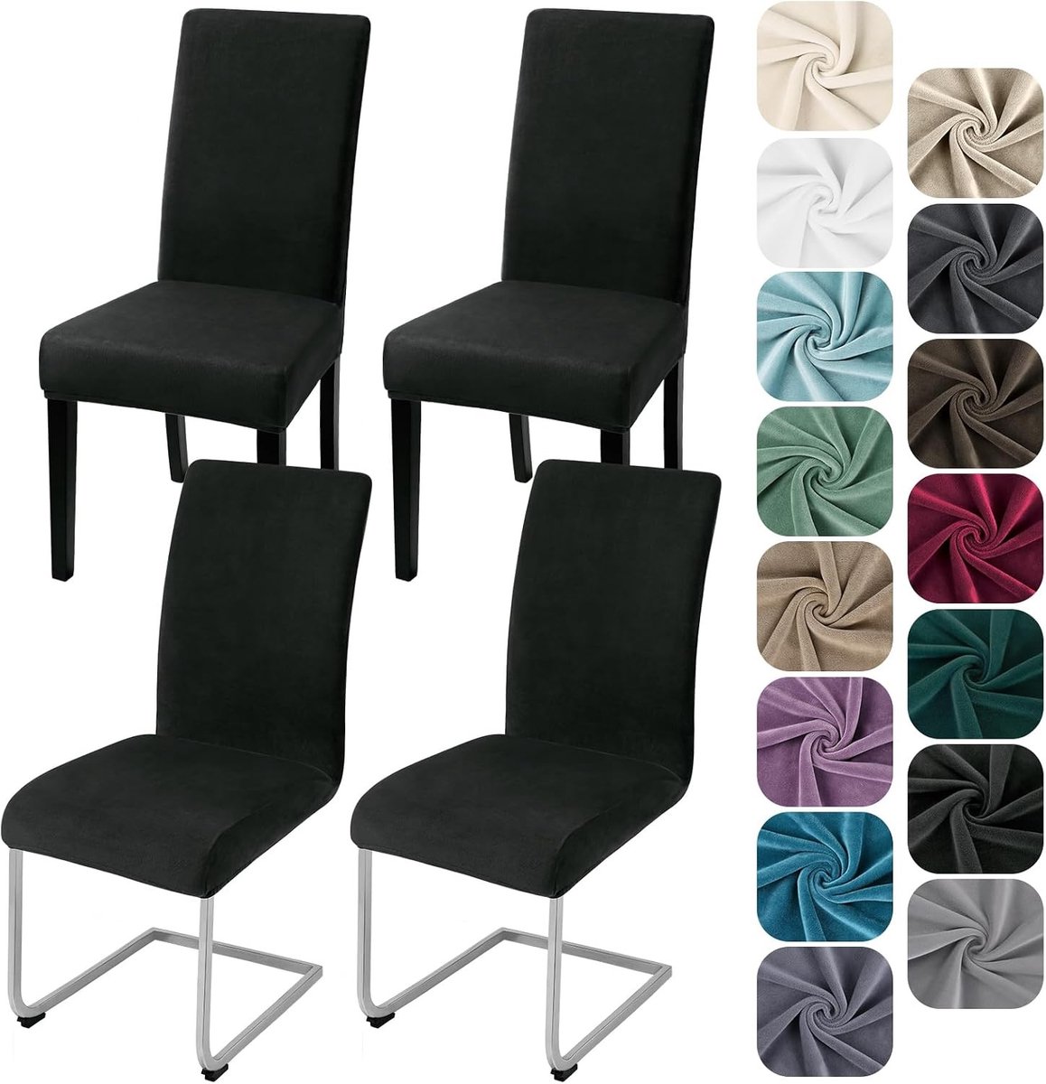 Set van 4 Rekbare Velours Stoelhoezen voor Eetkamerstoelen - Wasbare Bescherming voor Keuken, Restaurant en Bruiloft (Zwart)