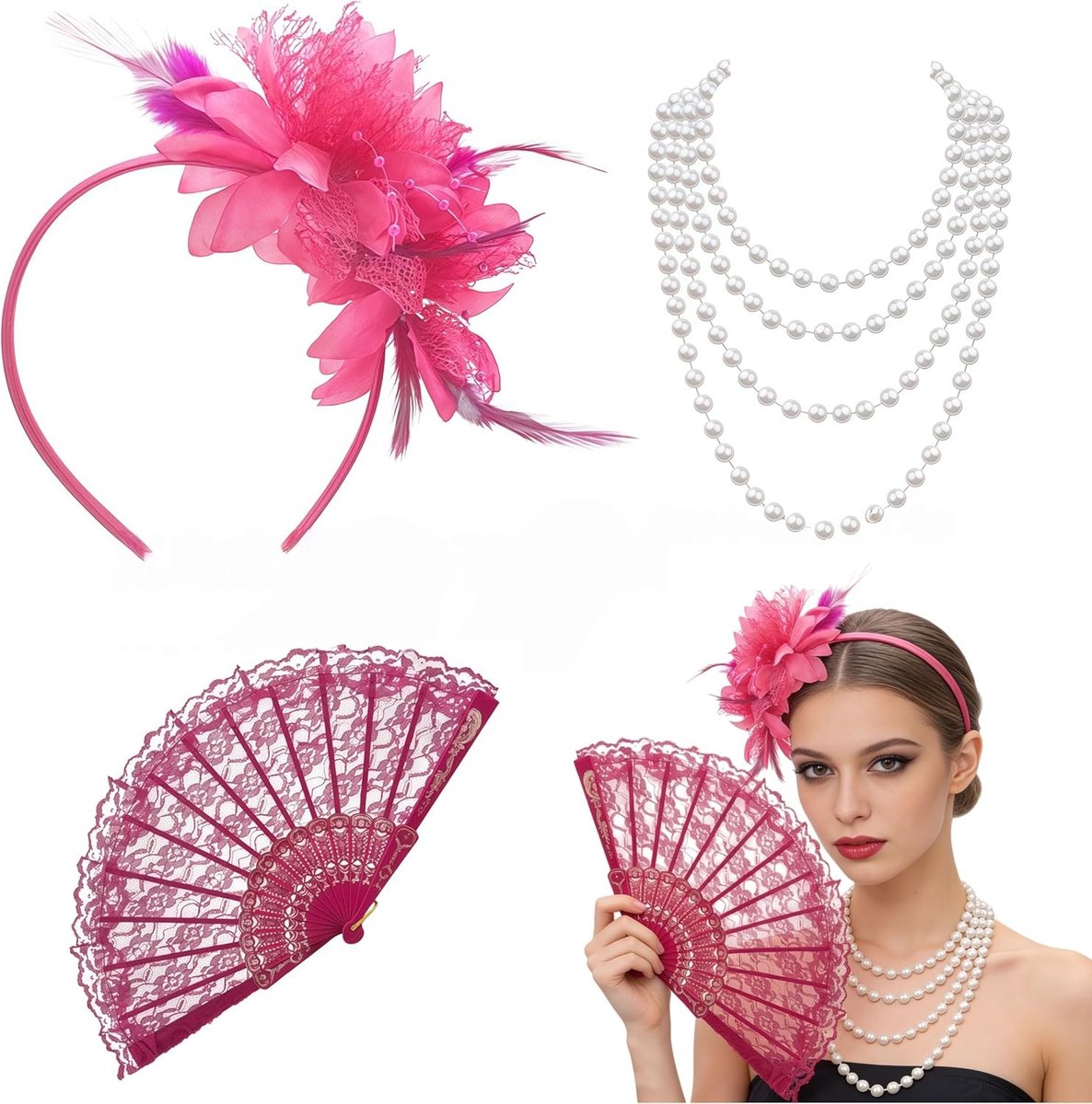 Vintage kostuumset voor dames in flamingo roze met haarband, waaier en parelketting voor carnaval en Gatsby-feest