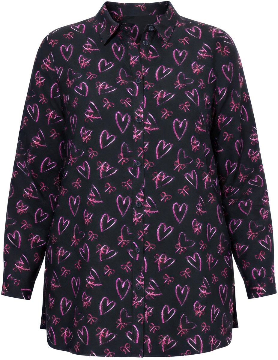 Studio Untold - Dames - Overhemdblouse Straight Shape hartstrikje lange mouwen - Zwart - Maat 42+