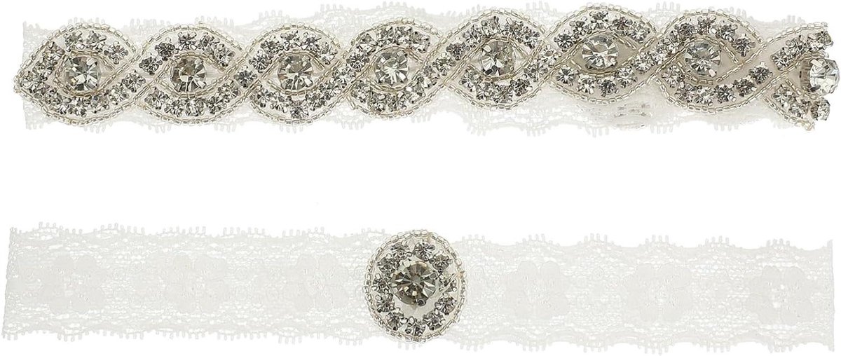 Kousenbanden Set - Bruids Kousenband - Bruiloft Accessoire - Kant met Strass - 39-60 cm Omtrek - Wit