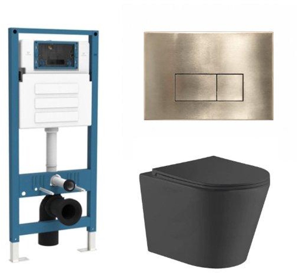 QeramiQ Dely Toiletset - inbouwreservoir Qeramiq Flush - slim zitting - metaal messing geborstelde bedieningsplaat - rechthoekige knoppen - mat zwart