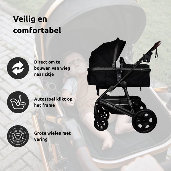 MamaLoes Marly 3 in 1 Kinderwagen - Zwart - Combi Kinderwagen incl. Autostoel van Merkloos — afbeelding 5