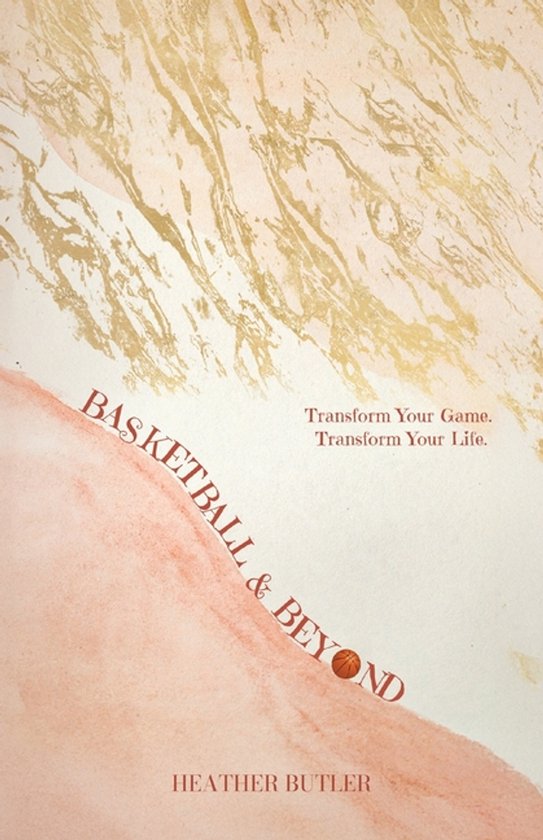 Livre 'BASKETBALL & BEYOND' avec des motifs abstraits marbrés roses et dorés. Titre et auteur en lettres brun-rouge.