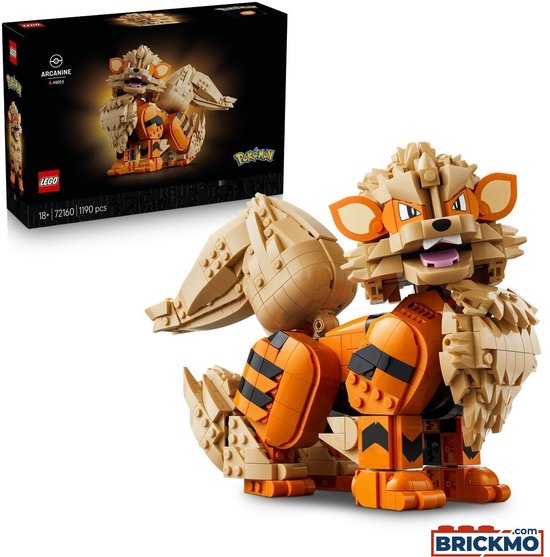 LEGO Arcanine figuur, zittend, naast een LEGO display box met Pokémon branding.