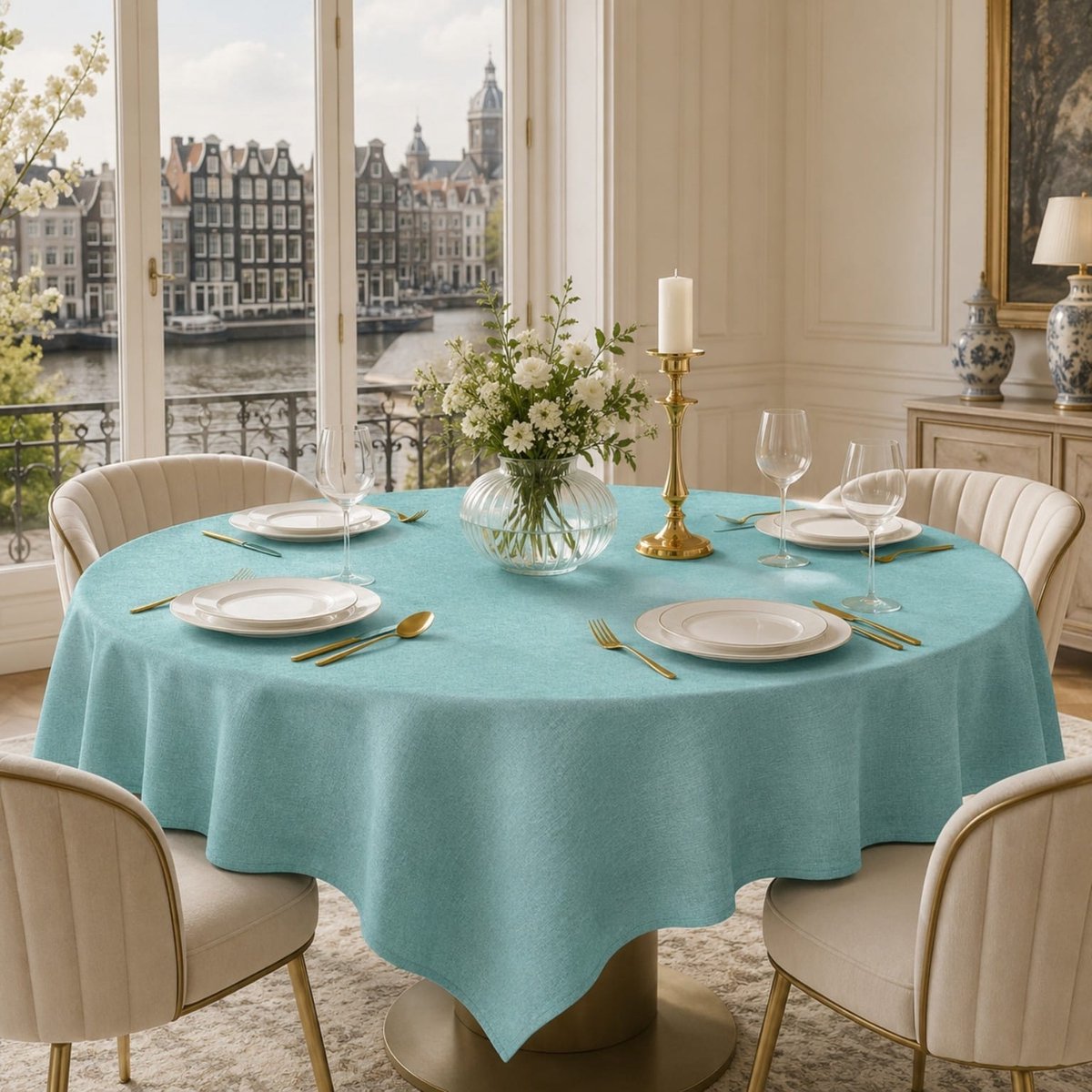 Lano&Go Rond tafelkleed 140 cm blauw - linnenlook, vlekbestendig, waterafstotend, wasbaar - voor eetkamer, tuin, feest