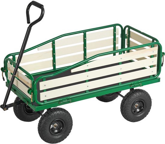 Kinderhandkar, 102 cm, Transportkar met Duwstang, Gemaakt van Hout en Metaal, Max. Draagvermogen van 150 Kg, Geschikt voor Kinderen Vanaf 5 Jaar, Ideaal voor Tuin, Uitstapjes en Strand, Groen en Geel — afbeelding 2