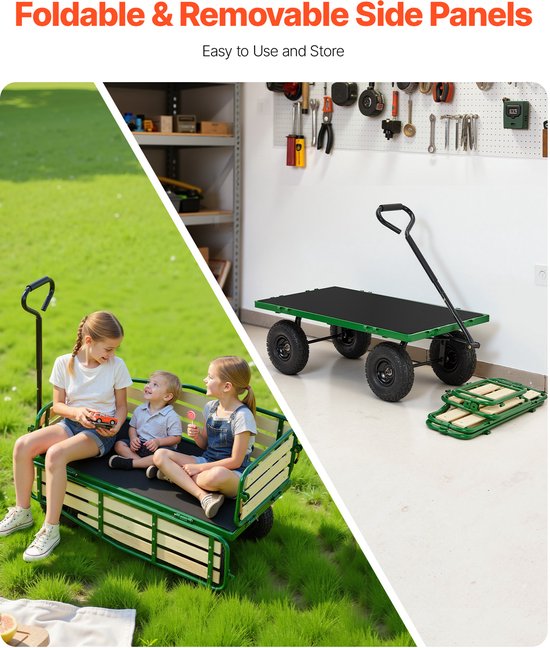 Kinderhandkar, 102 cm, Transportkar met Duwstang, Gemaakt van Hout en Metaal, Max. Draagvermogen van 150 Kg, Geschikt voor Kinderen Vanaf 5 Jaar, Ideaal voor Tuin, Uitstapjes en Strand, Groen en Geel — afbeelding 4