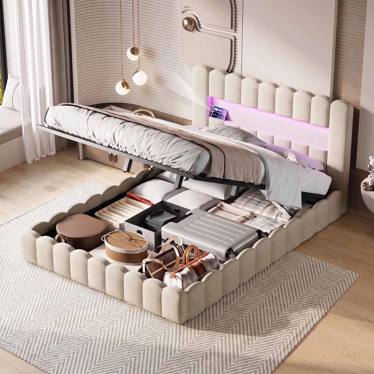Gestoffeerd Boxspring Bed 180x200 cm Met Opbergruimte en Lattenbodem - Tweepersoonsbed Met USB-C - Hydraulisch Opbergbed Met LED - Linnen - Beige - Zonder Matras