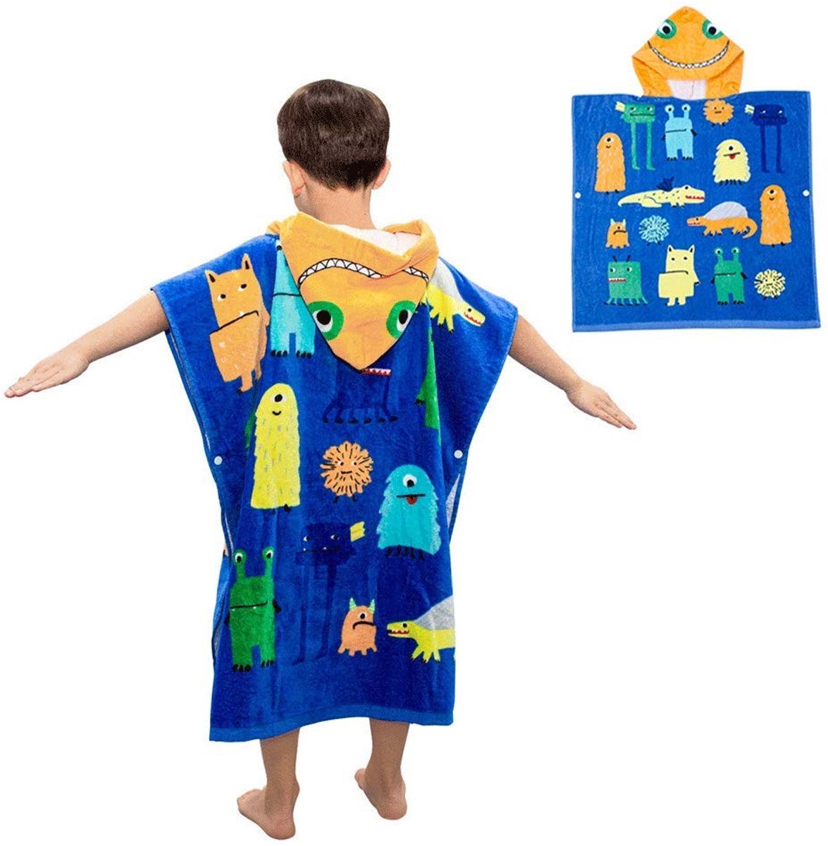 Omgoods - Kinder Badponcho met Capuchon - 100% Katoen - Zacht en Absorberend - Groot Monster Design