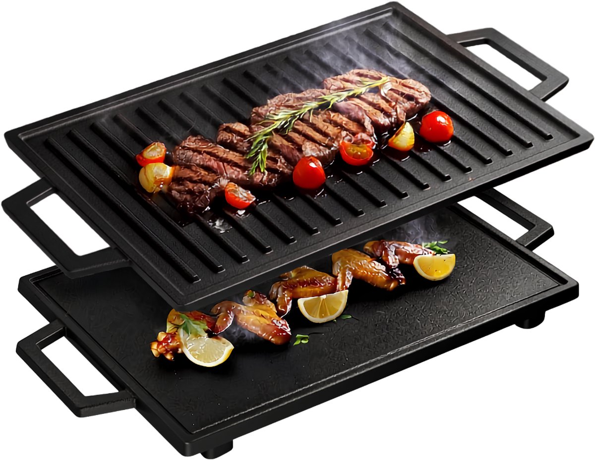 SNJY® Grillplaat Inductie - Bakplaat Inductie - Grill Apparaat - Gietijzeren Pan - 2-in-1 - 33 x 23 cm - Zwart