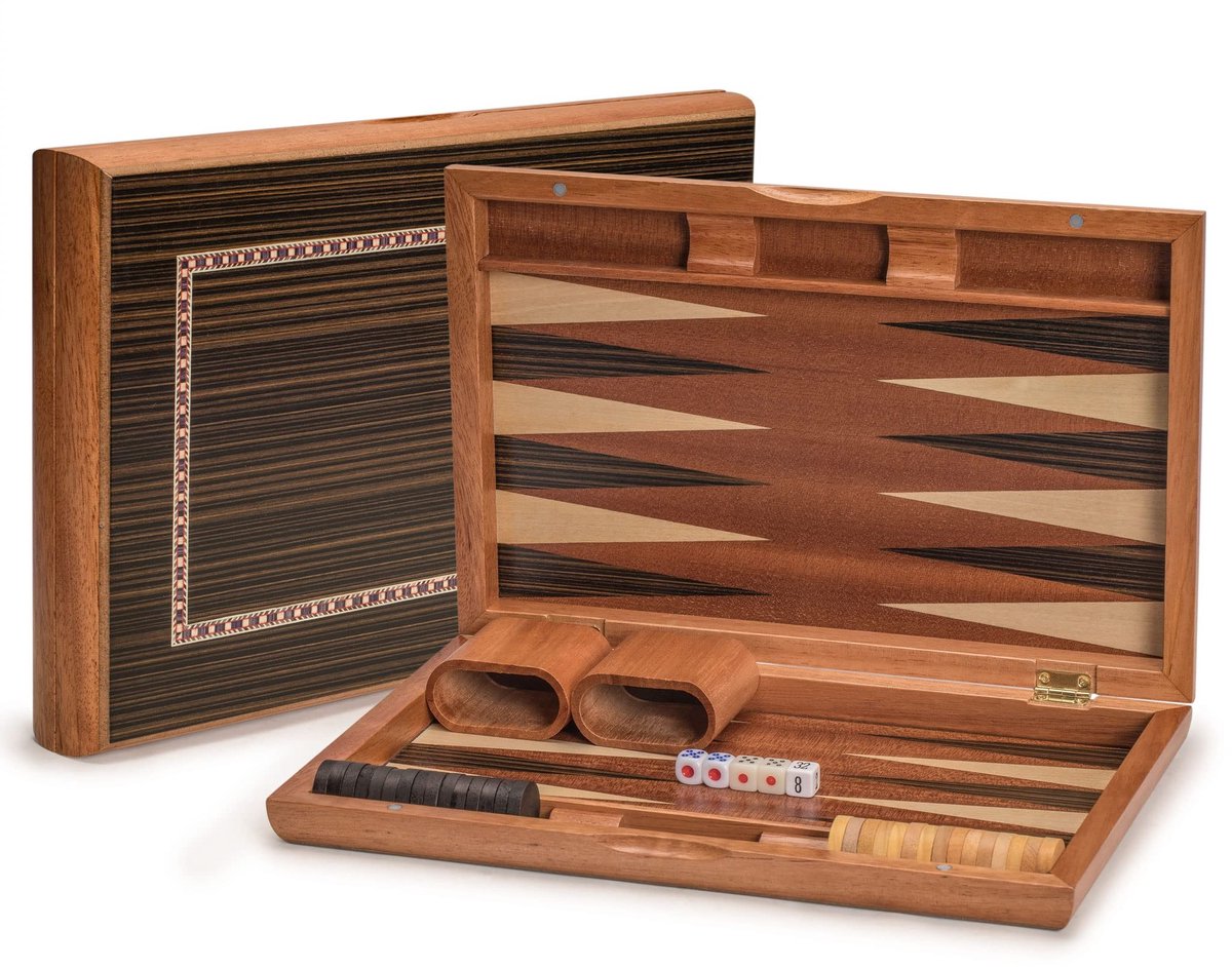 Omgoods - Houten Inleg Backgammon Spel met Speelstukken en Accessoires 33 cm