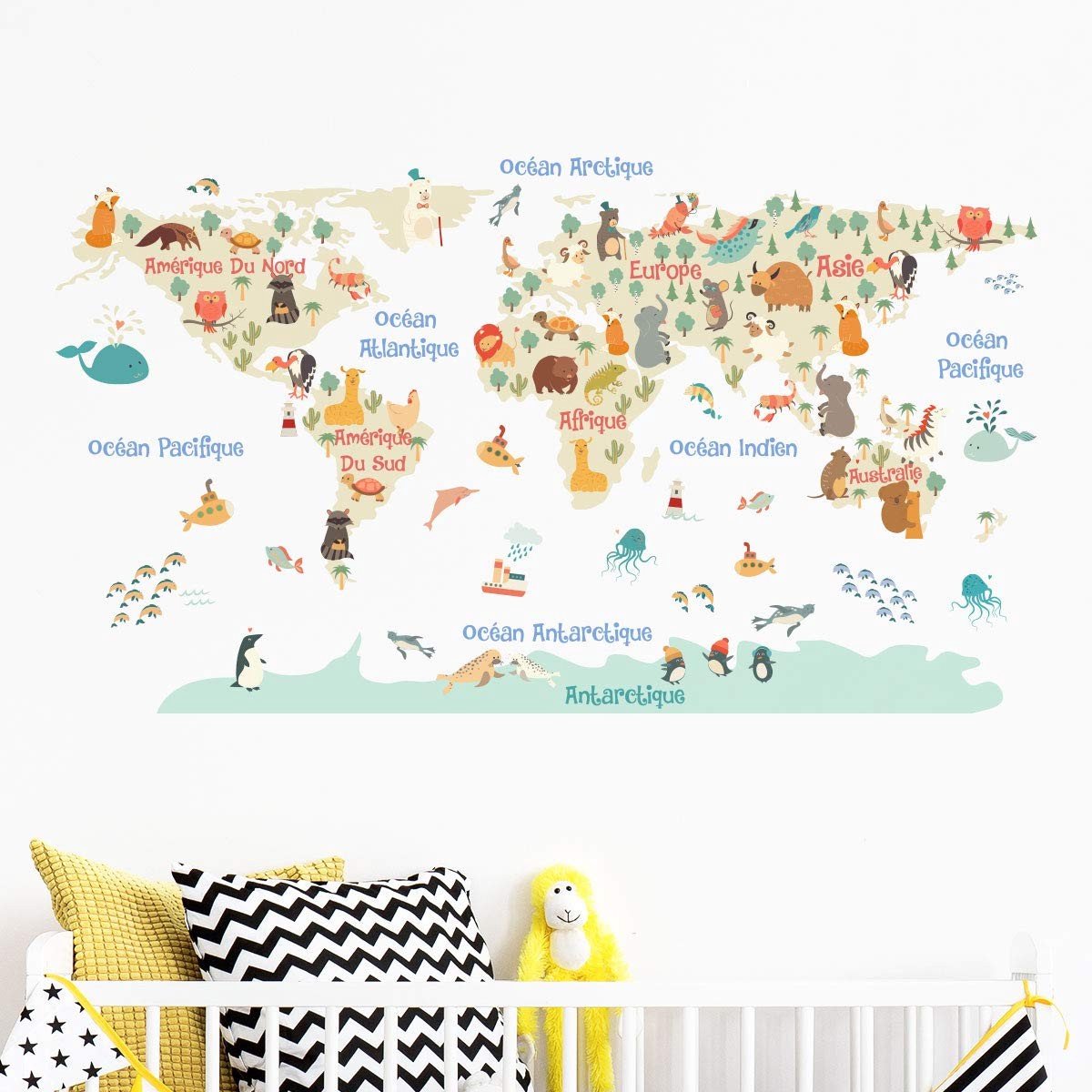 Omgoods - Zelfklevende Muurstickers Wereldkaart Pastel voor Kinderkamers 60 x 100 cm