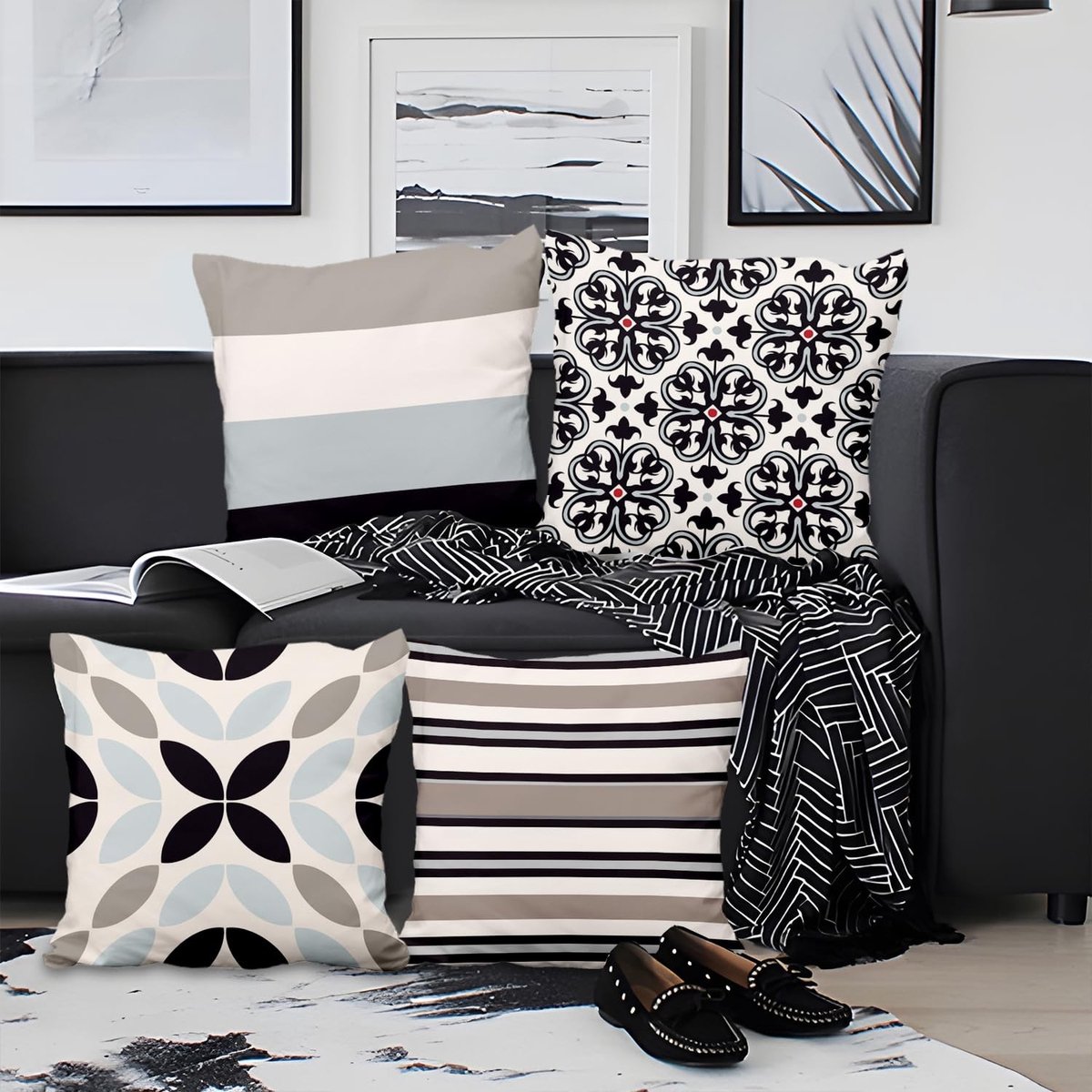Omgoods - Set van 4 Kussenhoezen met Geometrisch en Bloemig Design