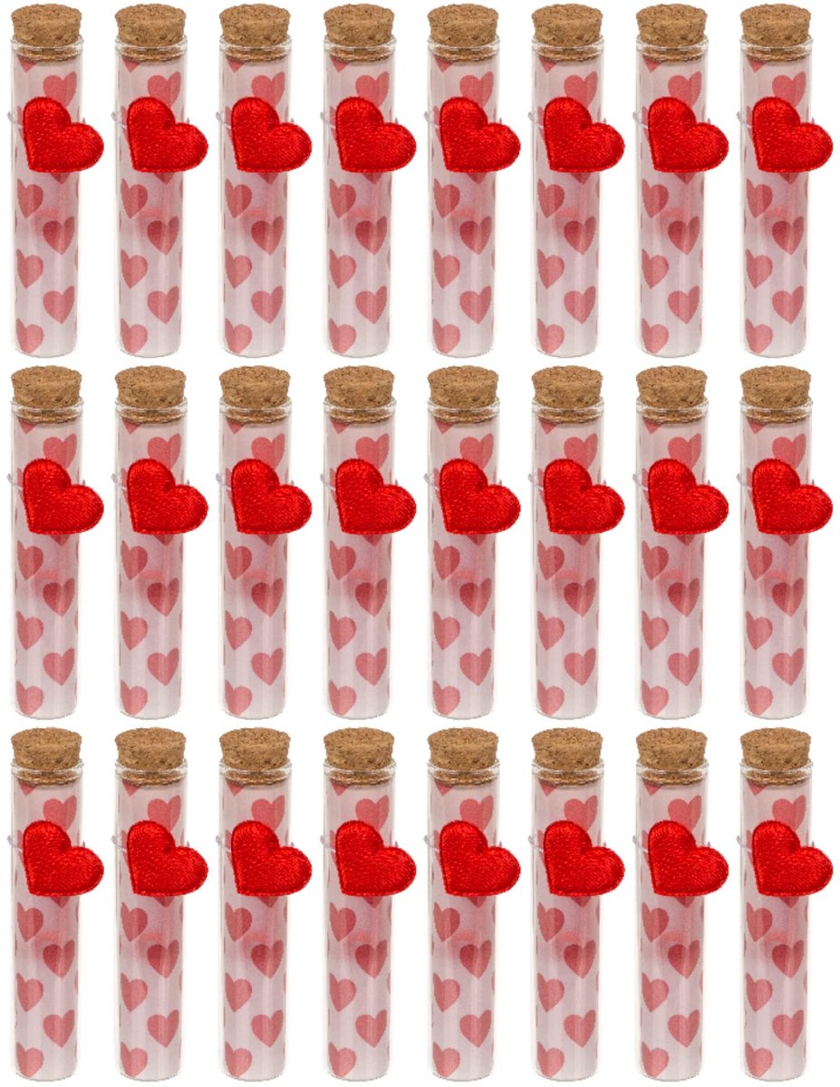 Omgoods- Reageerbuisjes 24 stuks - Glazen Flesjes met Kurk - 30 ml - Hanger met Hartvorm - Gastgeschenk - Bruiloftsdecoratie - 100 x 20 mm