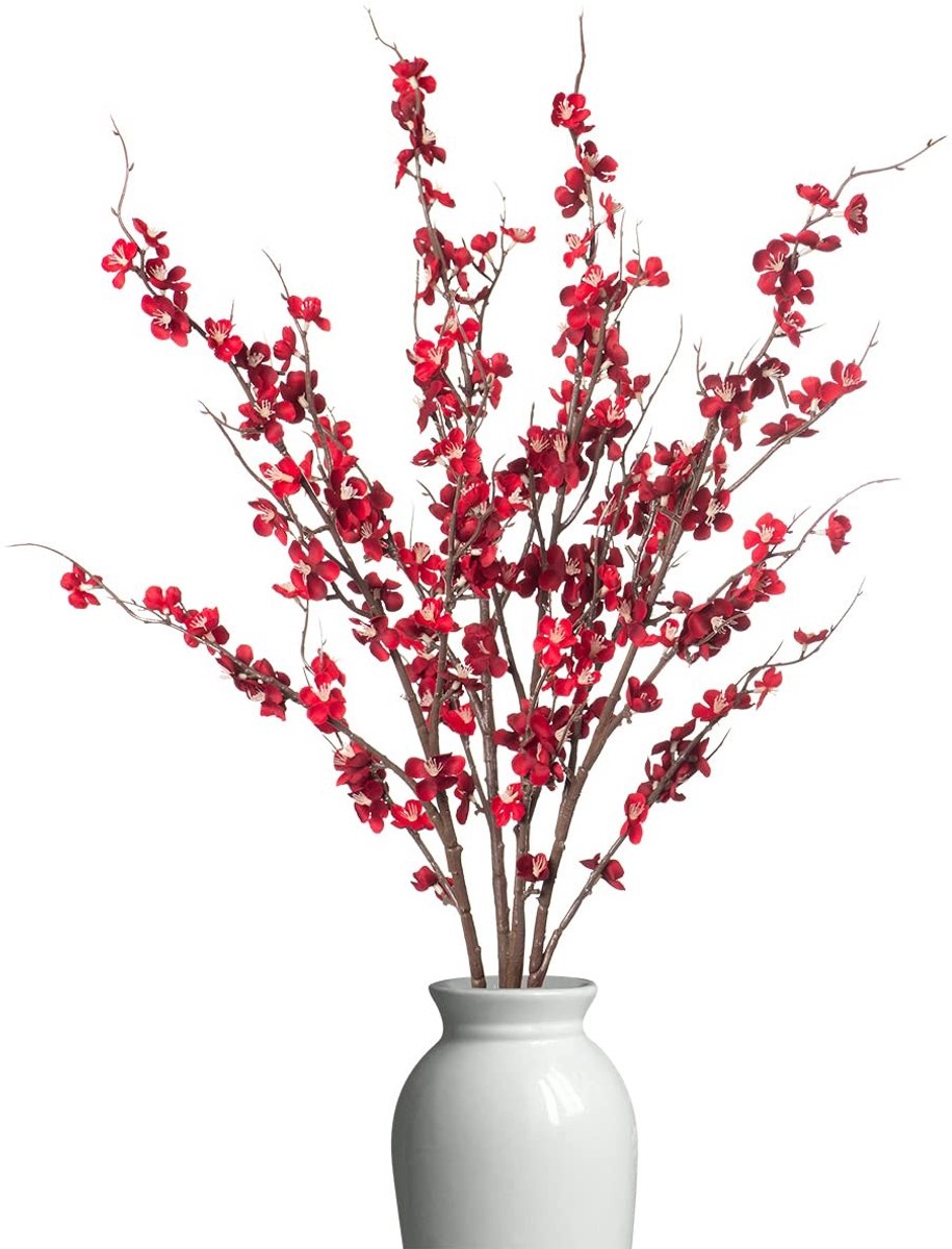 4 stuks kunstmatige pruimenbloesem feestdecoraties nep kersenbloemen faux lange stengels wintersweets zijden bloemen arrangement voor bruiloft thuiskantoor slaapkamer decor (rood)