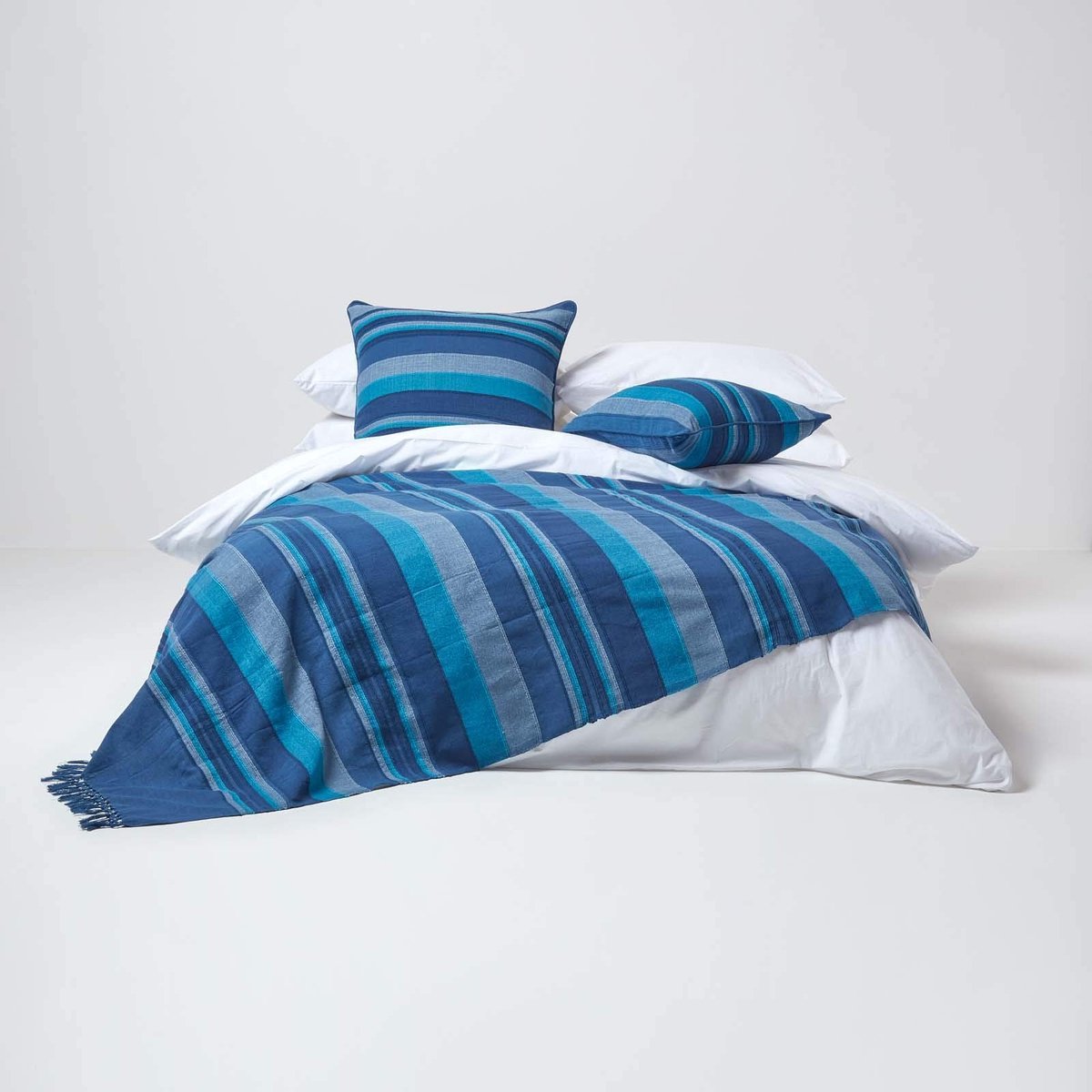 Omgoods - Katoenen Deken met Strepen - Blauw - Handgeweven voor Sofa en Bed