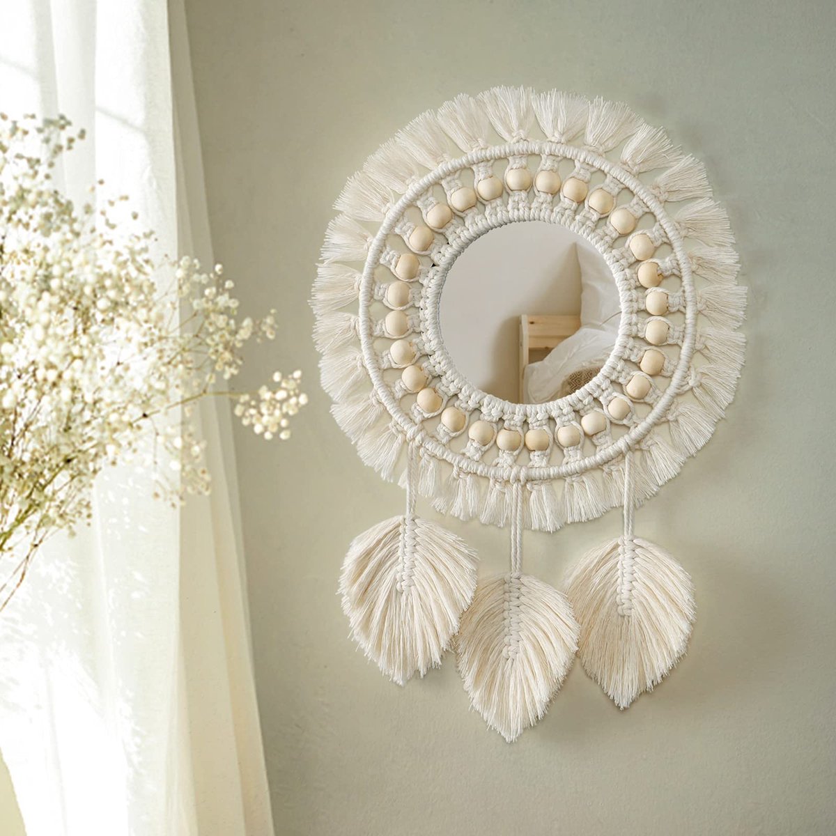Omgoods - Boho Macrame Wandspiegel met Houten Parels