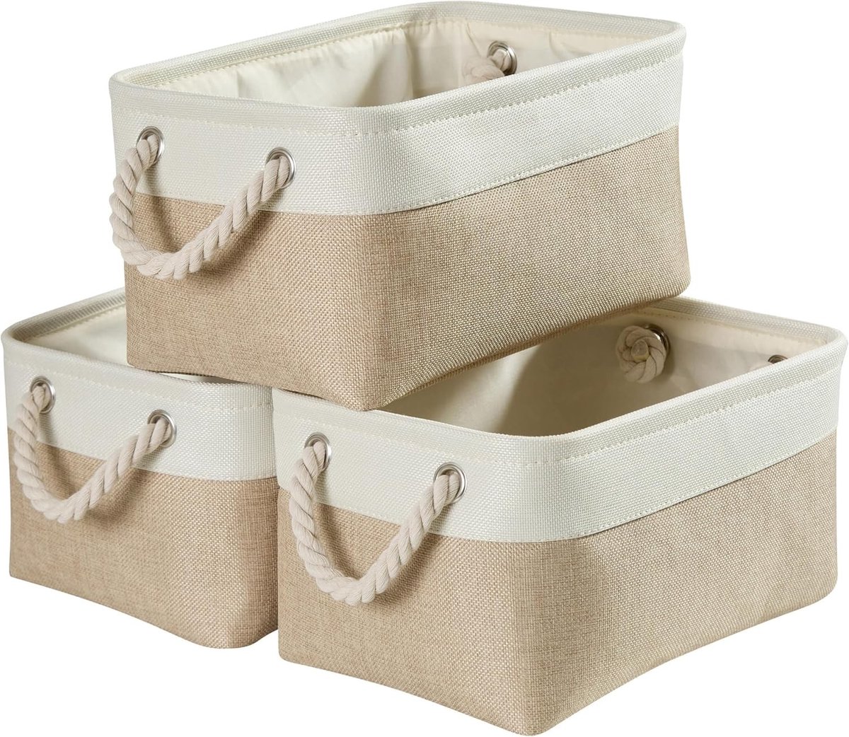 Omgoods - Set van 3 Opbergmanden van Stof met Touw, Khaki-Wit