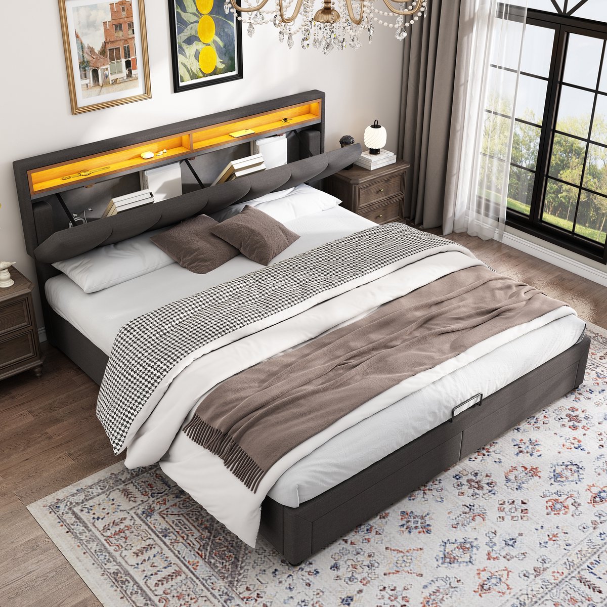 Polsterbed 160x200 cm - LED Bed Met Hydraulische Opbergruimte Linnenlook Grijs