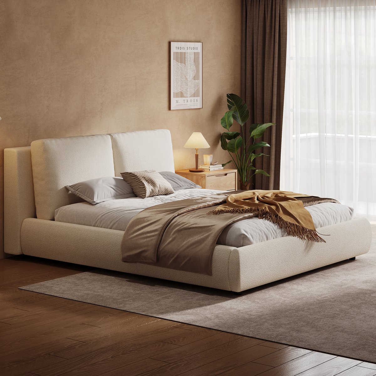 Beige Bouclé Polsterbett Doppelbett - Comfortabel en Functioneel Design - 180x200 cm