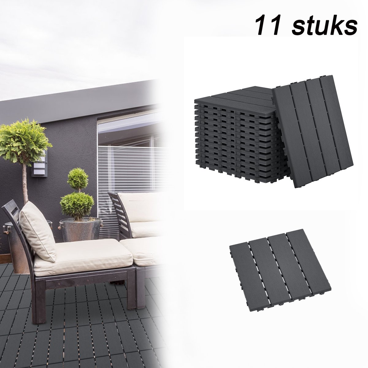 11x WPC Kliktegels 30x30 cm - Terrastegels voor Balkon, Tuin & Terras - Houtlook - Antislip - Weerbestendig - Recht Patroon - Anthraciet