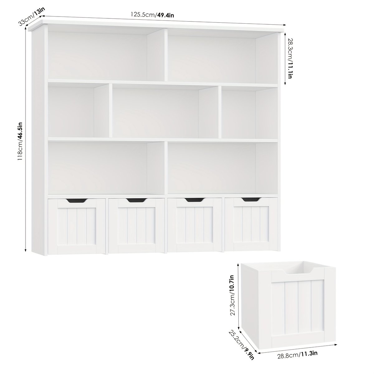 Kast-Boekenkast-Opbergkast- Opbergmeubel- Boekenrek- 4 lades en wielen-7 open vakken-125,5x33x118cm-Wit.