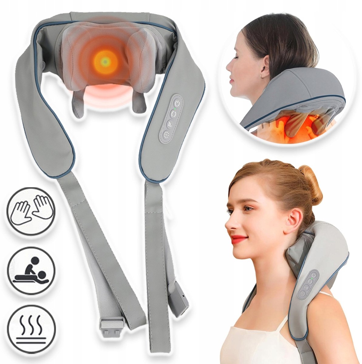Draadloze Kneedmassager Voor De Nek Met 6 Siliconen Noppen – 3 Technieken 3 Snelheden 2 Warmtestanden – 1800 mAh Batterij Draagbaar – Grijs & Blauw