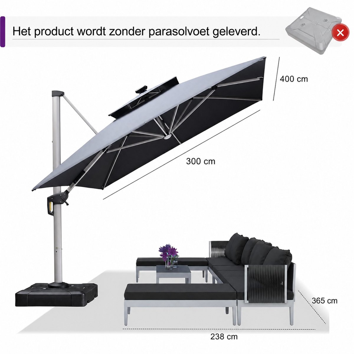 Purple Leaf Zweefparasol met ledverlichting 400x300 cm - Grijs