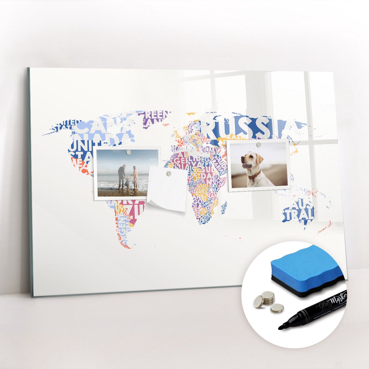 Tulup Whitebord - Wereldkaart landen - 60 x 40 cm - Veelkleurig Decoratieve magneetborden met print - Gratis 5 Sterke Magneten + Whiteboard Marker & Wisser - Minimalistisch Prikbord - Magnetisch Memobord - Organiseer Je Bureau