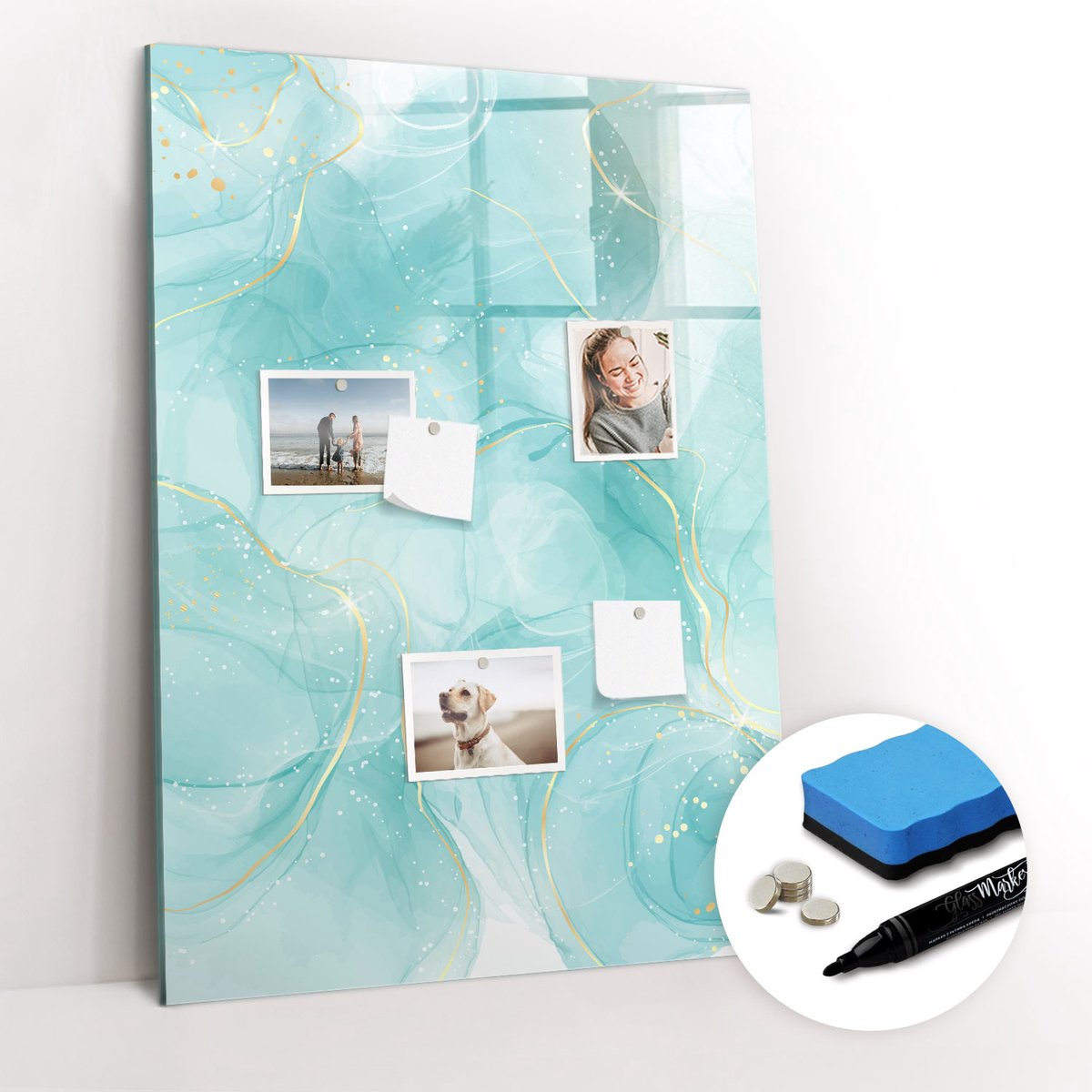 Tulup Whitebord - Abstract geaderd marmer - 70 x 100 cm - Turkoois Foto Magneetbord - Gratis 5 Sterke Magneten + Whiteboard Marker & Wisser - Moderne Wanddecoratie - Magnetisch Bord - Organiseer Je Bureau