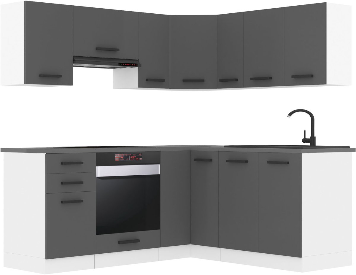BELINI L-Vorm Keukenblok SARAH - Keukenmeubel Set 320 cm Zilver Mat zonder Werkbladen - Boven- en Onderkasten