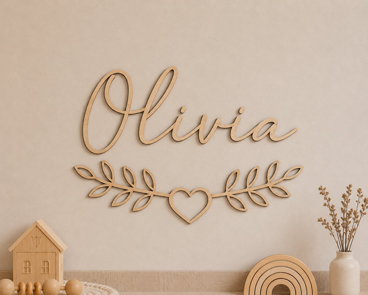 Gepersonaliseerde Houten Naamdecoratie met Takken & Hart – 50 x 25 cm – Wanddecoratie Babykamer & Kinderkamer – 5 mm Hout – Uniek Kraamcadeau