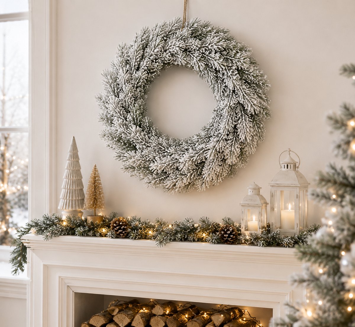 Witte Kerstkrans met Sneeuw Ø 40 cm – Winterse Deurkrans met Dennenappels – Ronde Kerstdecoratie voor Binnen en Buiten – Houten Kerstkrans – Wit – foto 5