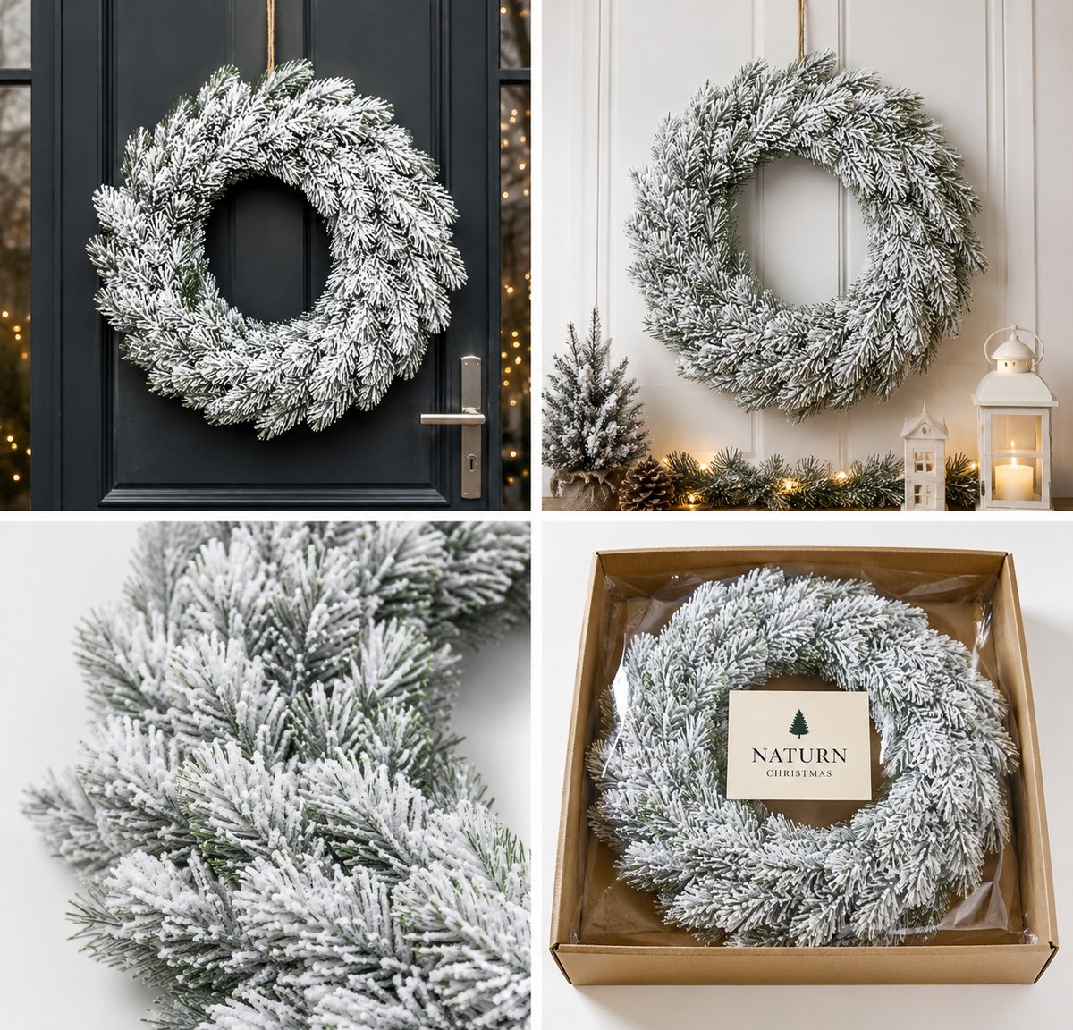 Witte Kerstkrans met Sneeuw Ø 40 cm – Winterse Deurkrans met Dennenappels – Ronde Kerstdecoratie voor Binnen en Buiten – Houten Kerstkrans – Wit – foto 2