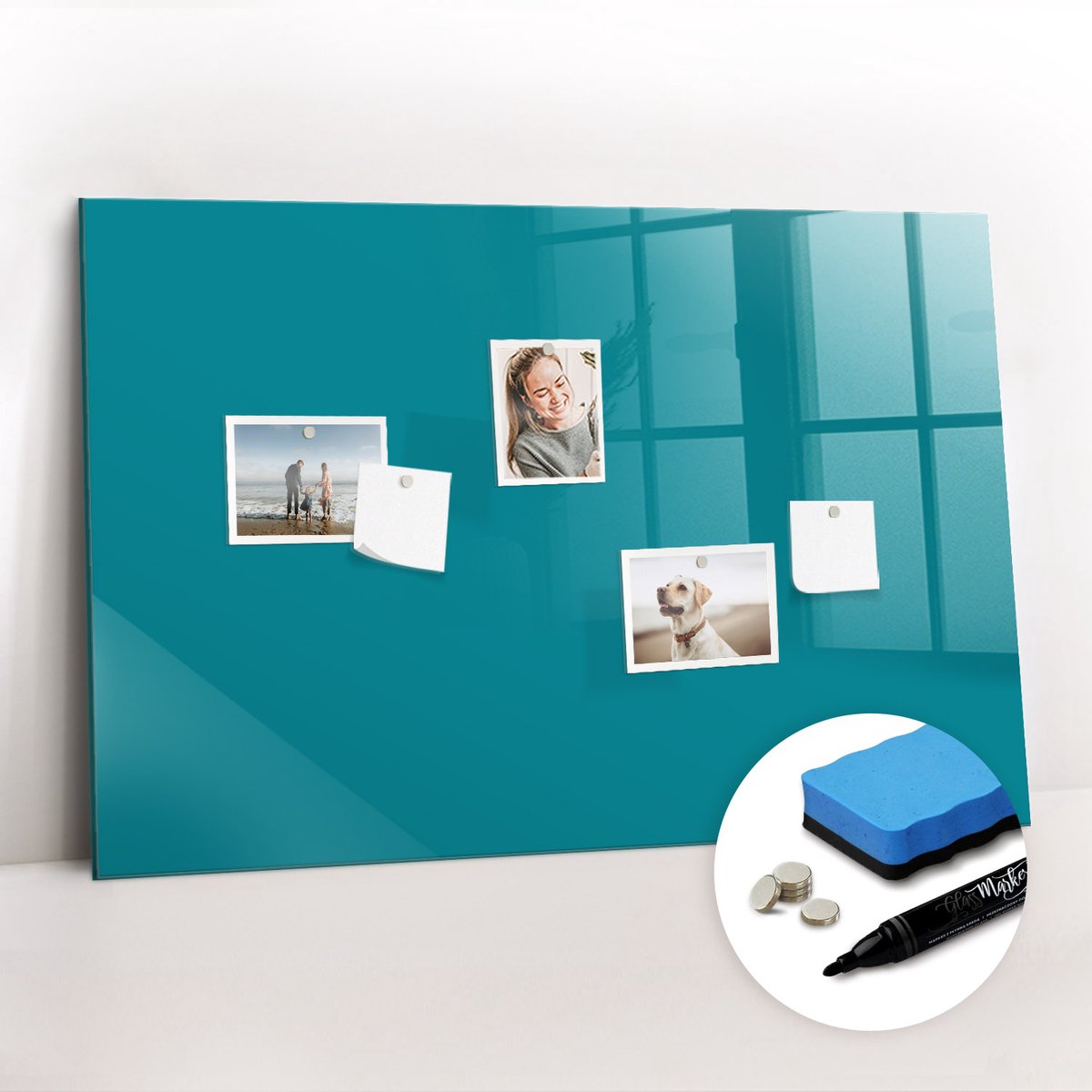 Tulup Whitebord - Zeekleur - 90 x 60 cm - Maritiem Magneetborden voor vakantiemagneten - Gratis 5 Sterke Magneten + Whiteboard Marker & Wisser - Decoratief Magnetisch Bord - Memobord Glas - Productiviteit Tools