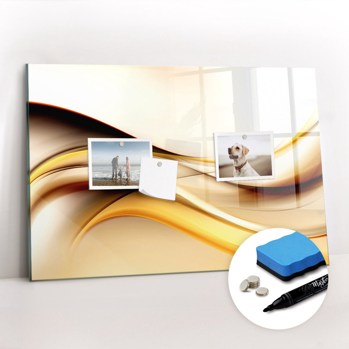 Tulup Whitebord - Abstracte golf - 60 x 40 cm - Geel Magnetisch Bord Kind - Gratis 5 Sterke Magneten + Whiteboard Marker & Wisser - Organizer Muur - Magneetbord Muur - Notitiebord Werkplek