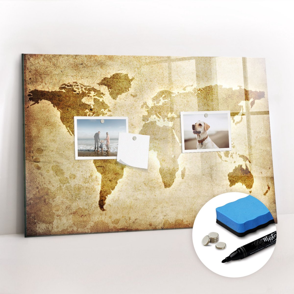 Tulup Whitebord - Retro wereldkaart - 60 x 40 cm - Bruin Memobord Keuken - Gratis 5 Sterke Magneten + Whiteboard Marker & Wisser - Wanddecoratie Kantoor - Memo Bord - Productiviteit Tools