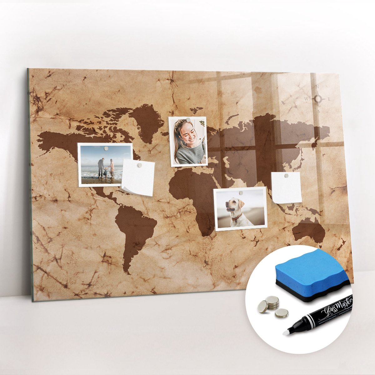 Tulup Whitebord - Vintage wereldkaart - 90 x 60 cm - Bruin Memo Bord - Gratis 5 Sterke Magneten + Whiteboard Marker & Wisser - Decoratief Magnetisch Bord - Memobord Glas - Productiviteit Tools