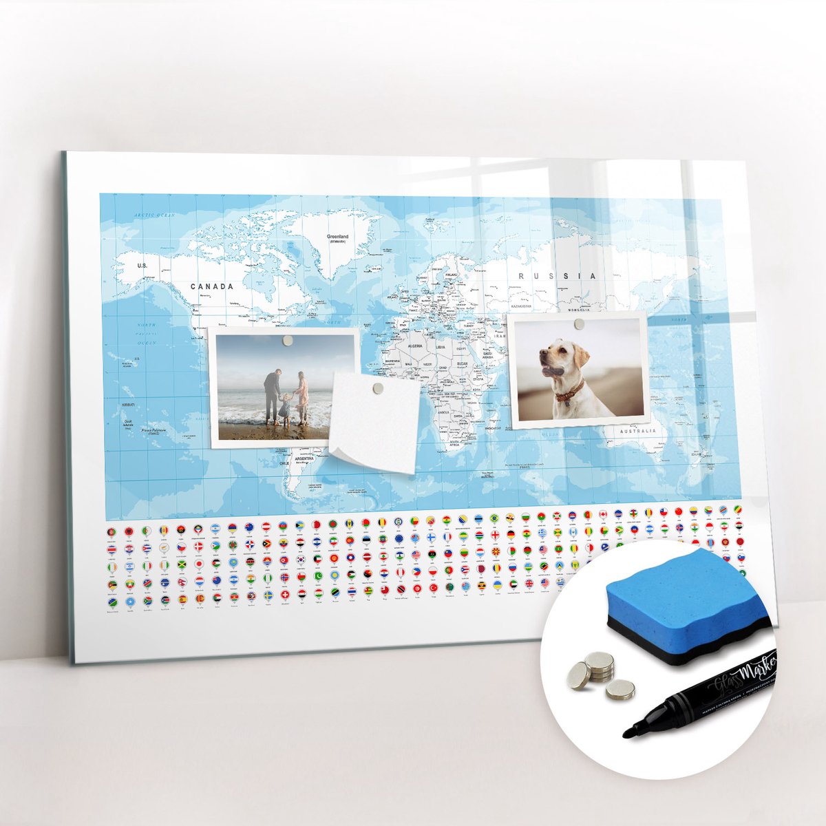 Tulup Whitebord - Illustratie van een kaart van de continenten - 60 x 40 cm - Blauw Memobord Magnetisch - Gratis 5 Sterke Magneten + Whiteboard Marker & Wisser - Interieur Accessoires Kantoor - Memo Magneetbord - Inspiratiebord Kantoor