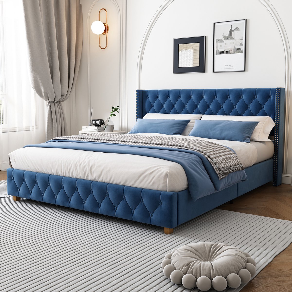 Gestoffeerd Bed 160x200 cm - Velvet Tweepersoonsbed Met Hoofdbord En Lattenbodem Blauw