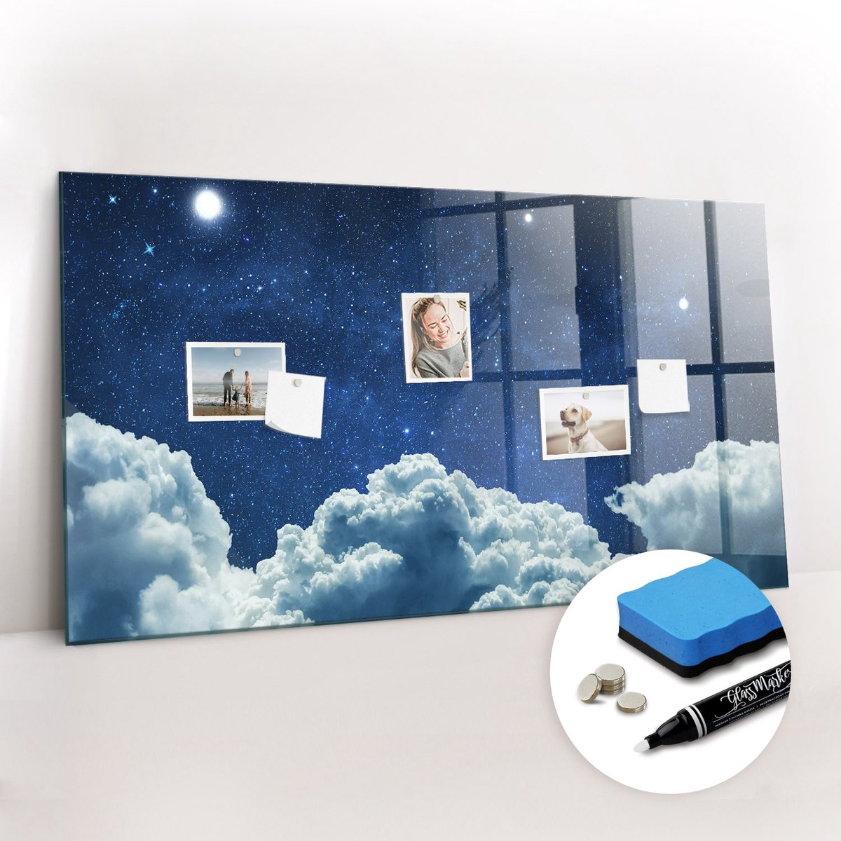 Tulup Whitebord - Nachtelijke hemel - 120 x 60 cm - Blauw Magnetisch Bord - Gratis 5 Sterke Magneten + Whiteboard Marker & Wisser - Decoratief Magnetisch Bord - Magnetisch Memobord - Inspiratiebord Kantoor