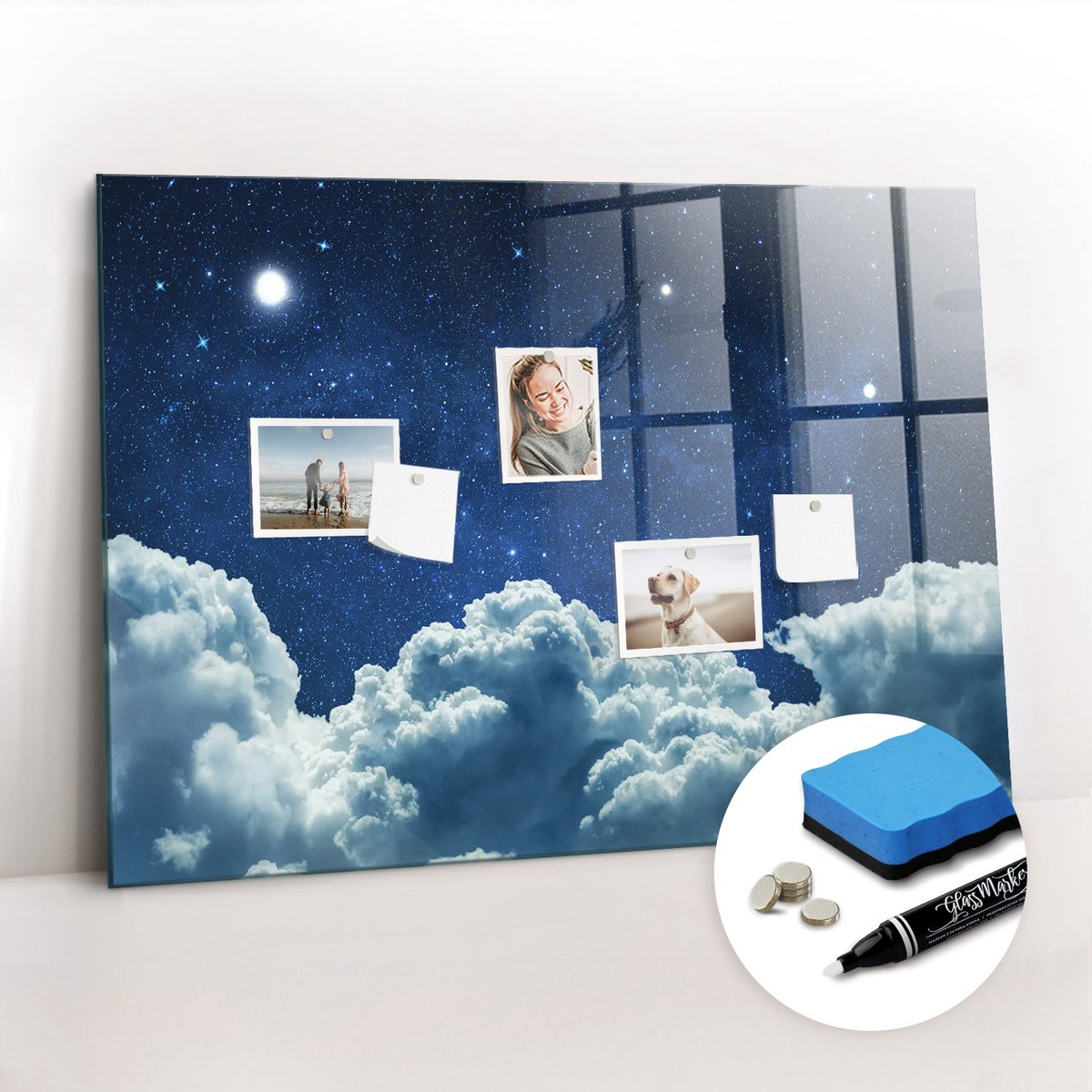 Tulup Whitebord - Nachtelijke hemel - 100 x 70 cm - Blauw Magnetisch Wandbord - Gratis 5 Sterke Magneten + Whiteboard Marker & Wisser - Scandinavisch Design Bord - Memo Bord - Planning Muur