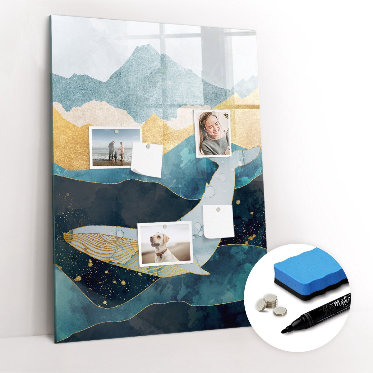 Tulup Whitebord - Marmeren walvis - 70 x 100 cm - Blauw Magnet Board - Gratis 5 Sterke Magneten + Whiteboard Marker & Wisser - Industrieel Wandbord - Magneetbord Rechthoekig - Planning Muur