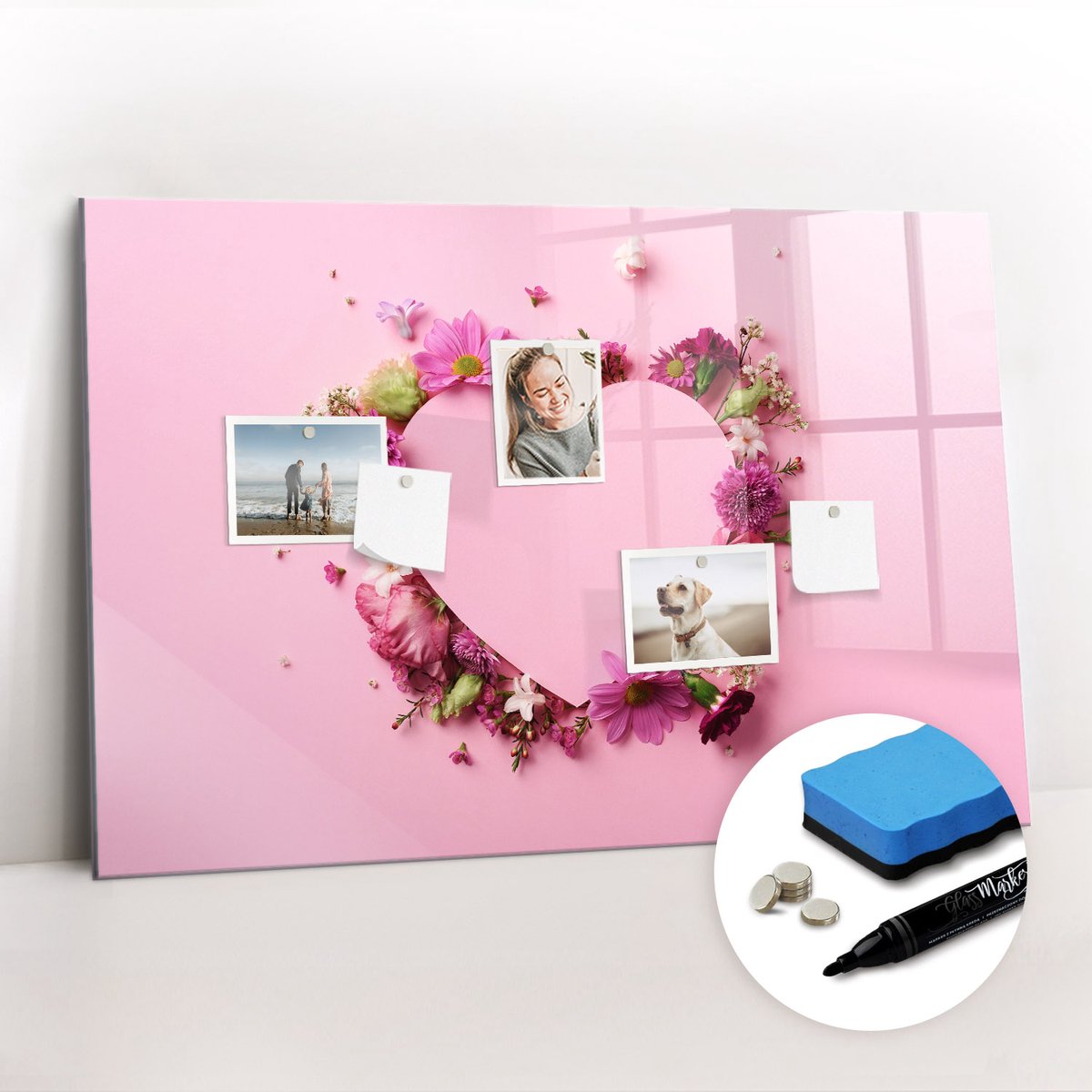 Tulup Whitebord - Hart van bloemen - 90 x 60 cm - Roze Magnet Board - Gratis 5 Sterke Magneten + Whiteboard Marker & Wisser - Stylish Memo Board - Memo Bord - Organiseer Je Bureau