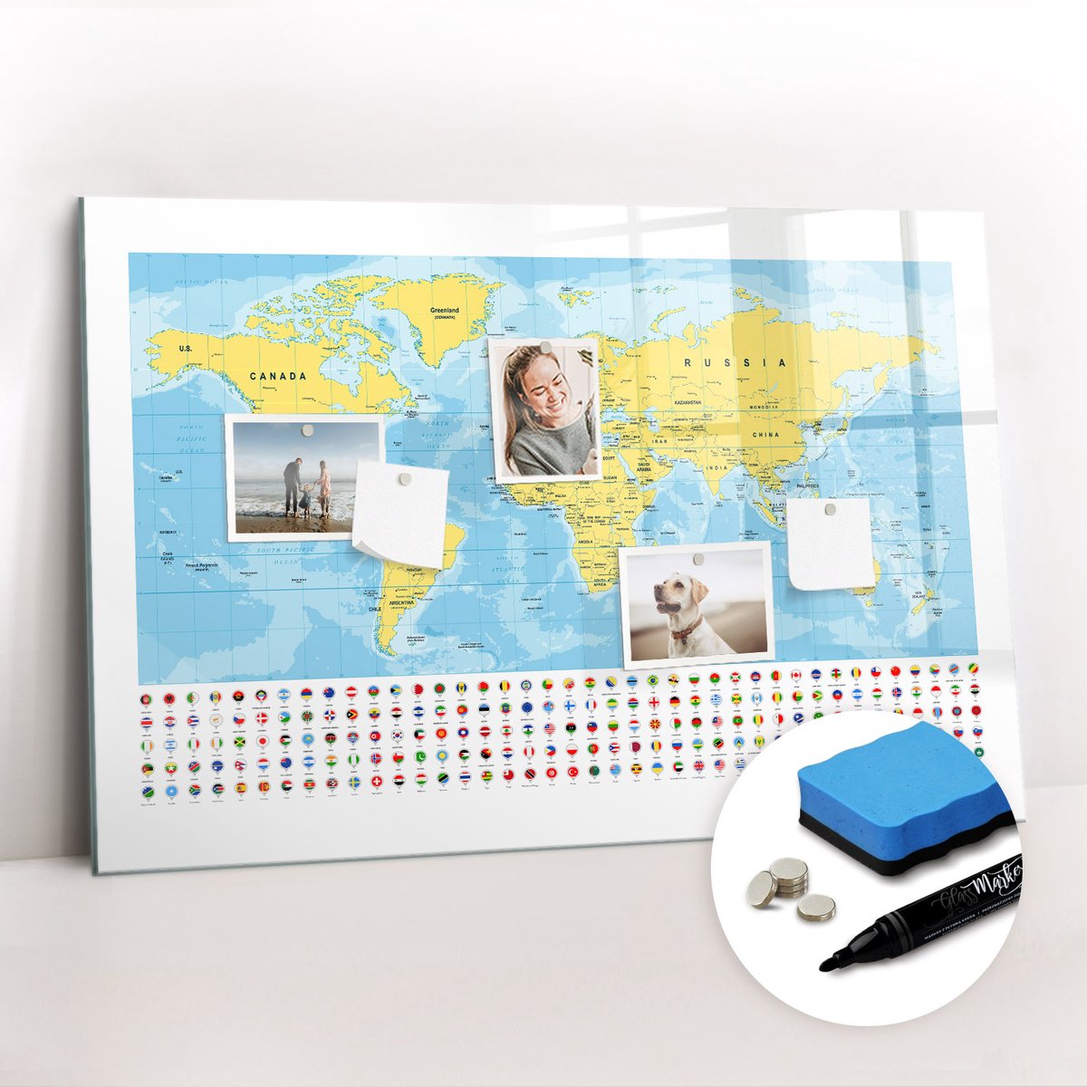 Tulup Whitebord - Wereldkaart en vlaggen - 90 x 60 cm - Veelkleurig Magneetbord Design - Gratis 5 Sterke Magneten + Whiteboard Marker & Wisser - Decoratief Magnetisch Bord - Magneetbord Rechthoekig - Productiviteit Tools