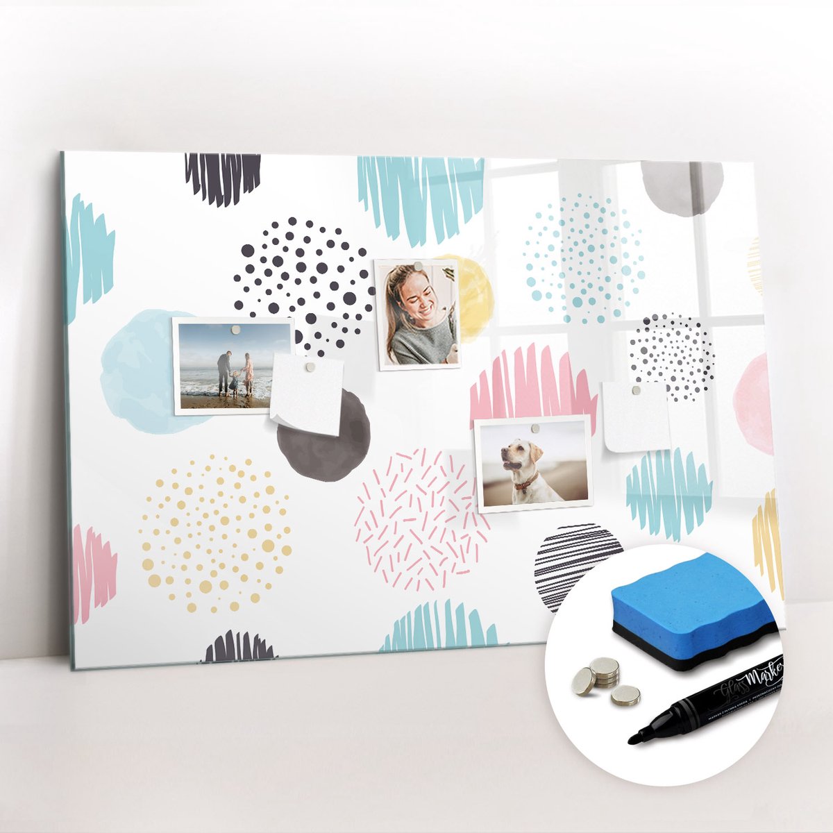 Tulup Whitebord - Geometrisch patroon - 90 x 60 cm - Veelkleurig Magneetbord Foto - Gratis 5 Sterke Magneten + Whiteboard Marker & Wisser - Minimalistisch Prikbord - Magnetic Board - Notitiebord Werkplek