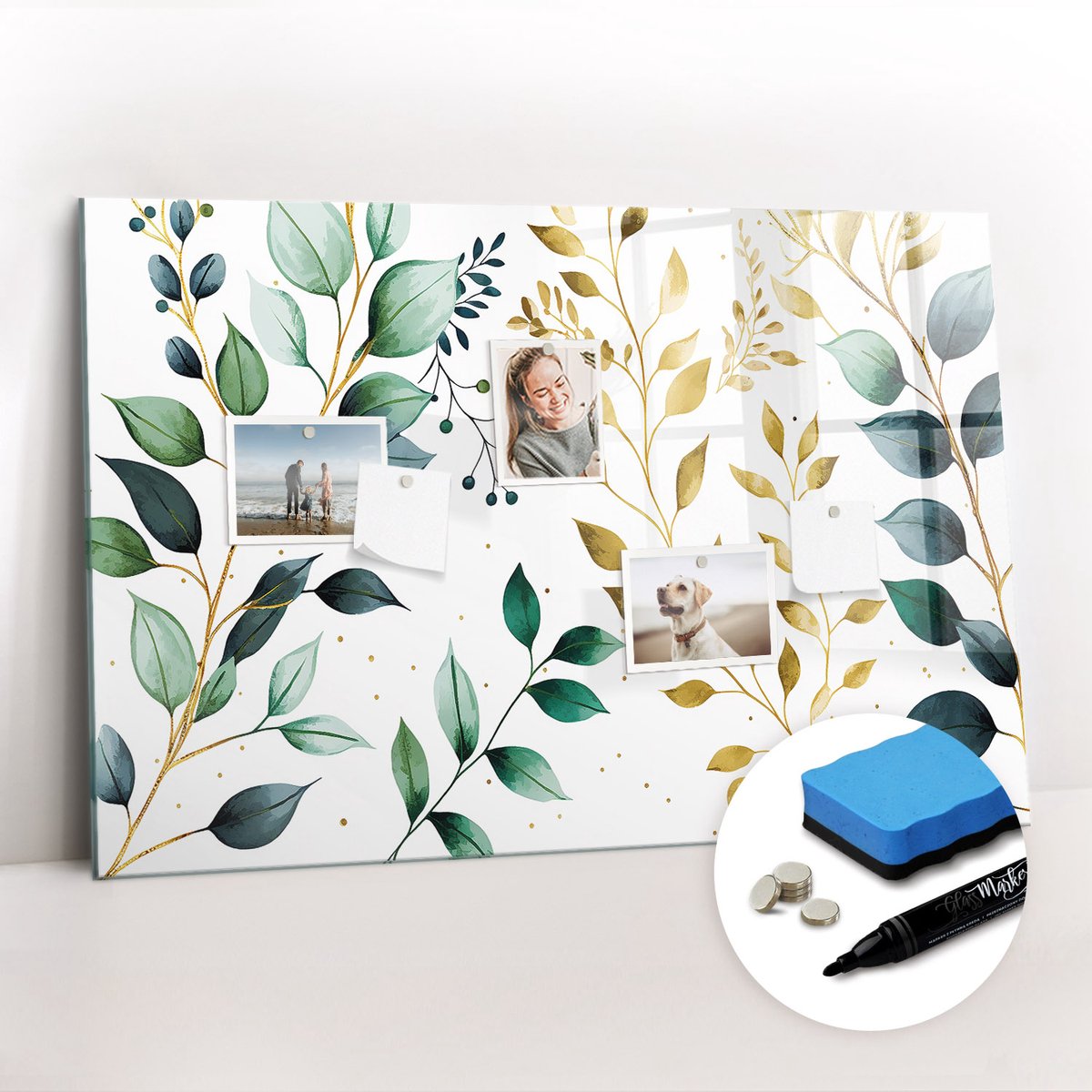 Tulup Whitebord - Patroon van plantenbladeren - 90 x 60 cm - Veelkleurig Magnetisch Bord Kind - Gratis 5 Sterke Magneten + Whiteboard Marker & Wisser - Wanddecoratie Kantoor - Magneetbord Keuken - Productiviteit Tools